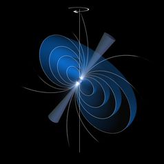 Künstlerische Darstellung eines Pulsars mit schwächerer Radiostrahlung aus Richtung der magnetischen Pole des Pulsars, in seiner „radioschwachen“ Phase.
Quelle: Bildrechte: ESA / ATG medialab (idw)