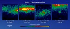 Die vier bisher beobachteten Gammastrahlen Novae, die Farben zeigen die Stärke der Gammastrahlung (b
Quelle: NASA/DOE/Fermi LAT Collaboration (idw)