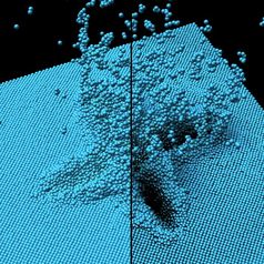 Ein Laser sprengt Atome aus einem Aluminium-Block. Links: klassische Beleuchtung. Rechts: die Beleuchtung mit Ambient Occlusion stellt den Krater entsprechend seiner Form und Tiefe dar und ermöglicht es, die Struktur besser zu erkennen.
Quelle: Universität Stuttgart/SFB 716 (idw)