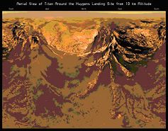 "Vogelperspektive" der Huygens-Landestelle auf Titan in 10 km Höhe. Kaum sichtbare Schleierwolken schweben in diesen Höhen, aus denen leichter Methan-Nieselregen fällt. Bild: ESA/NASA/JPL/University of Arizona