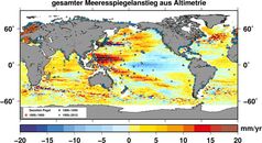 Keine Entwarnung: Gesamte gemessene Meeresspiegeländerungen 2002-2009.
Quelle: (c) Grafik: Roelof Rietbroek/Uni Bonn (idw)