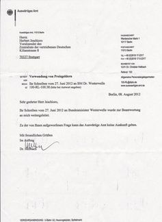 Antwortschreiben vom 08. August 2012 von Herr Westerwelle auf die ZvD Anfrage