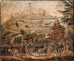 Hambacher Fest von 1832. Beachten Sie die Anordnung der Farben der deutschen Flagge: Schwarz ist unten, Gold ist oben. Diese Reihenfolge mit dem nicht von der Dunkelheit unterdrückten Licht findet sich in Wittenberg wieder.