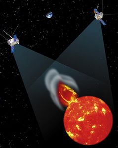 Die 2 STEREO- Sonden an ihren Beobachtungspunkten vor und hinter der Erde beim Beobachtung eines Masseauswurfes der Sonne, künstlerische Darstellung. Abb.: NASA/JHU