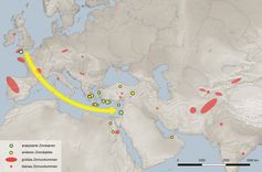 Zinnvorkommen auf dem eurasischen Kontinent und Verbreitung von Zinnfunden im Untersuchungsgebiet aus der Zeit von 2500 bis 1000 vor Christus
Quelle: Quelle: Berger et al. 2019 (Bearbeitung Daniel Berger) (idw)