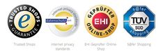 Achten Sie darauf, ob ein Online-Shop durch eines der folgenden Siegel geprüft worden ist. Diese Siegel müssen anklickbar sein und auf die entsprechende Prüfstelle weiterleiten.