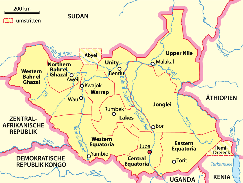 Südsudan: Die Staatsgrenze entspricht den früheren Provinzgrenzen. Strittig sind die Gebiete Abyei und Ilemi.