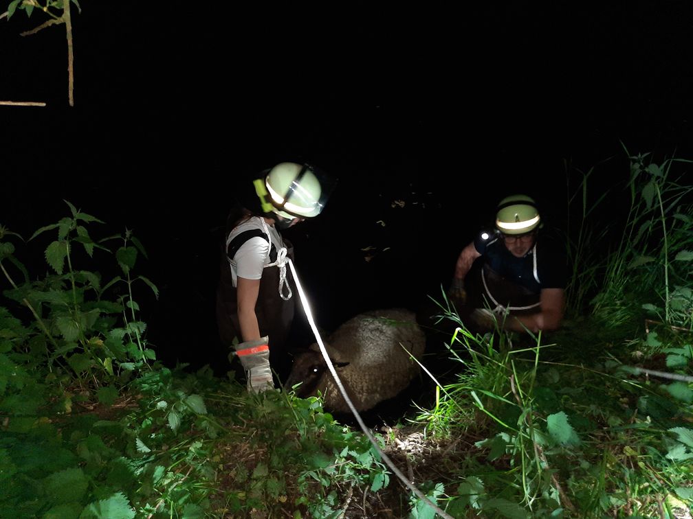 Zwei Einsatzkräfte im Schlamm. Bild: (T. Schmidt)