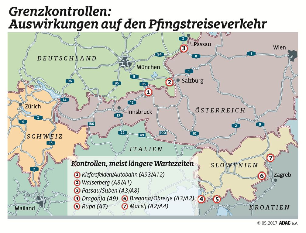 Behinderungen durch Grenzkontrollen im europäischen Reiseverkehr. Bild: "obs/ADAC/ADAC-Grafik"