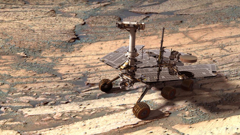 Opportunity im Endurance-Krater, künstlich generiertes fotorealistisches Bild