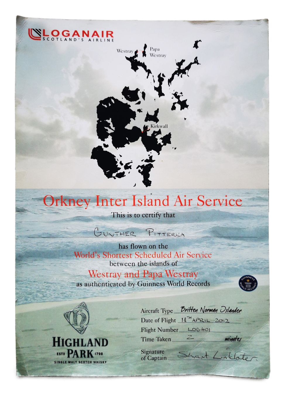 Loganair Orkney Inter Island Air Service - Zertifikat Bild: Pitterka Fotograf: Pitterka