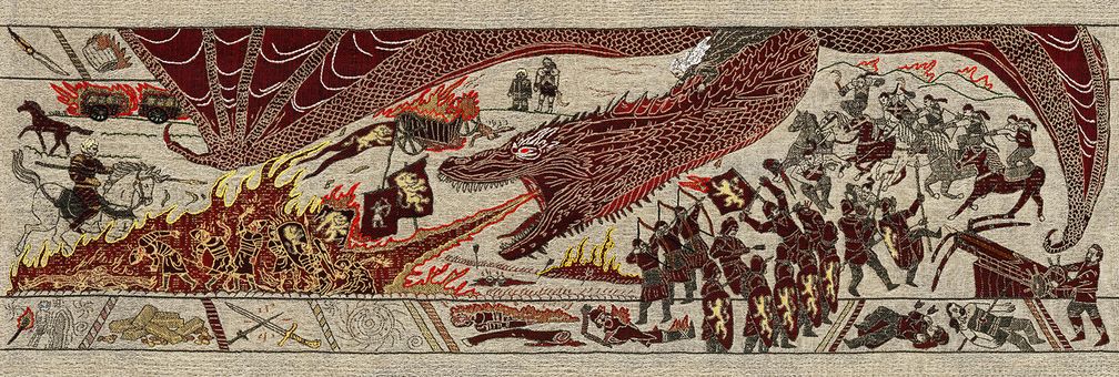 Der Sieg von Daenerys Targaryen in der Schlacht auf dem Goldweg über ein Lennister-Heer. Darstellung auf dem offiziellen Game-of-Thrones-Wandteppich (nach dem Vorbild des Wandteppichs von Bayeux; ausgestellt im Ulster Museum in Belfast, Nordirland).