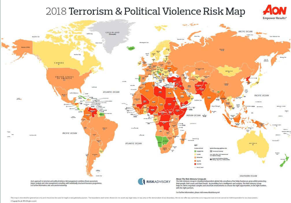 Karte für die Wahrscheinlichkeit von Terroristischen Anschlägen und Politisch Motivierten Verbrechen (2018)