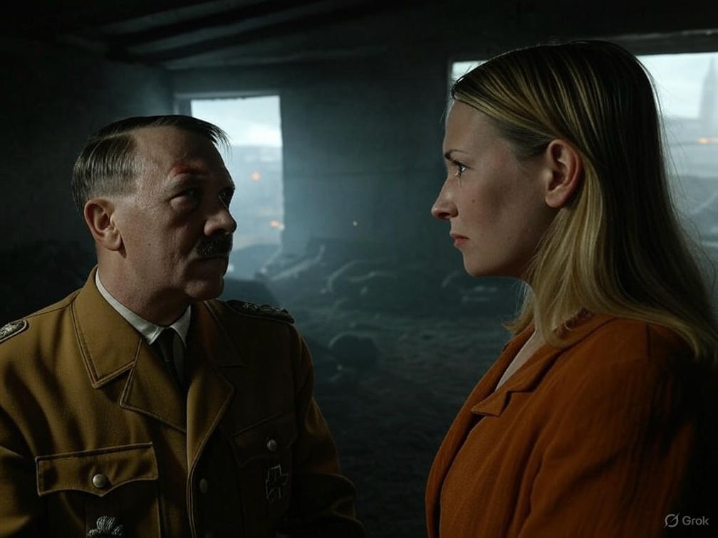 Das Bild zeigt eine dramatische Szene im Führerbunker: Adolf Hitler in Uniform und Eva Braun in einem braunen Mantel stehen sich gegenüber, während im Hintergrund Rauch und Trümmer die Eroberung Berlins durch sowjetische Truppen andeuten. Die düstere Atmosphäre unterstreicht die Spannung der letzten Stunden des Dritten Reichs. Der Garten der Reichskanzlei mit verbranntem Boden ist durch ein Fenster sichtbar, was auf die Verbrennung der Leichen hinweist. Bild: ExtremNews