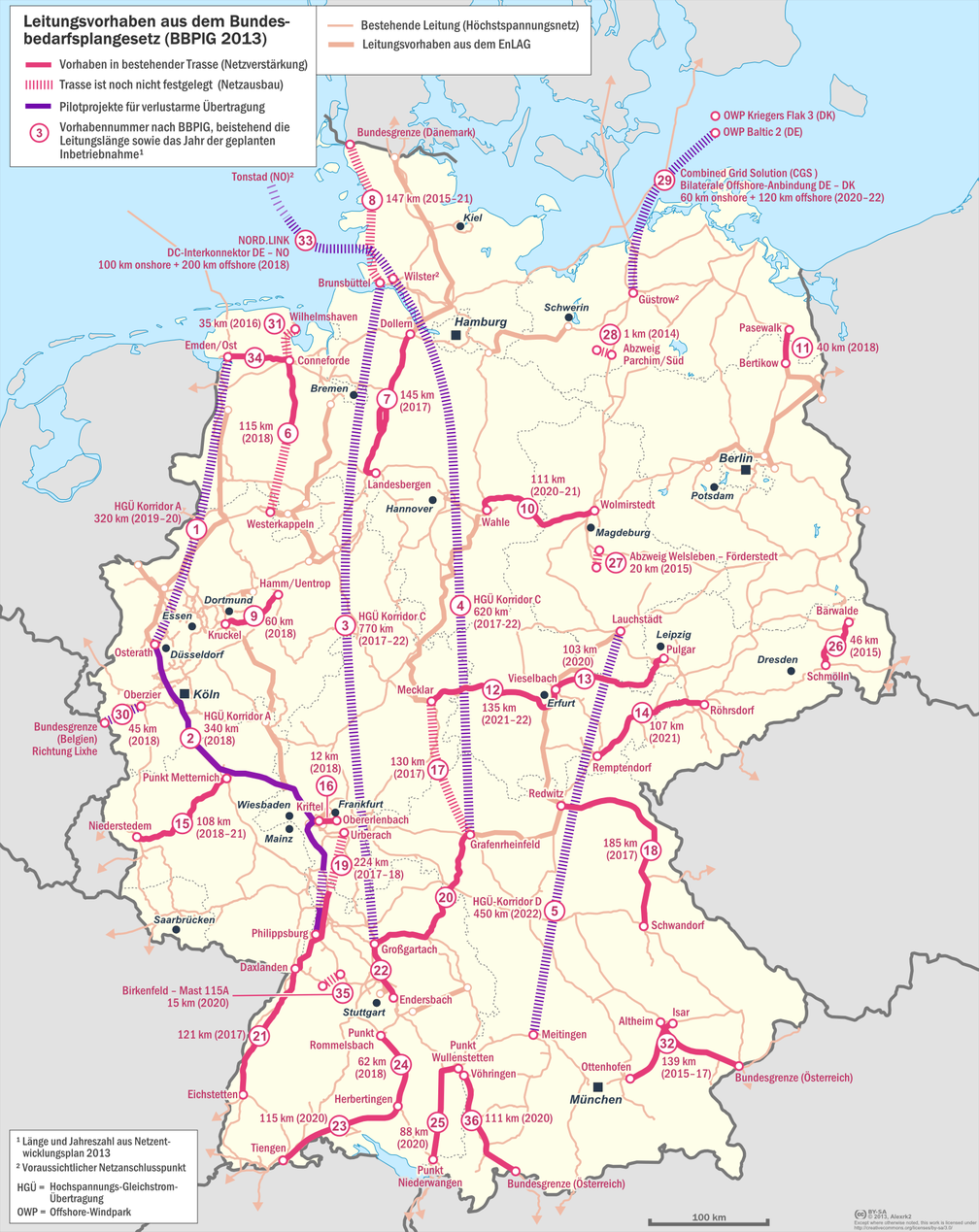 SuedLink: Karte der Leitungsvorhaben in Deutschland nach dem Bundesbedarfplangesetz (BBPlG 2013)