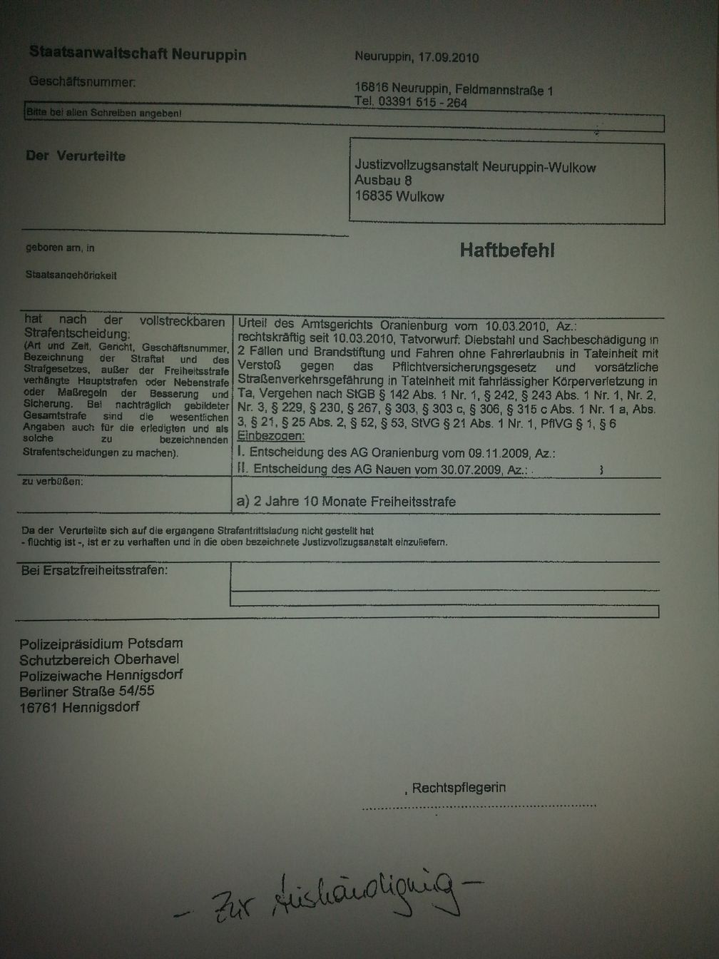 Vollstreckungshaftbefehl der Staatsanwaltschaft Neuruppin aus dem Jahr 2010