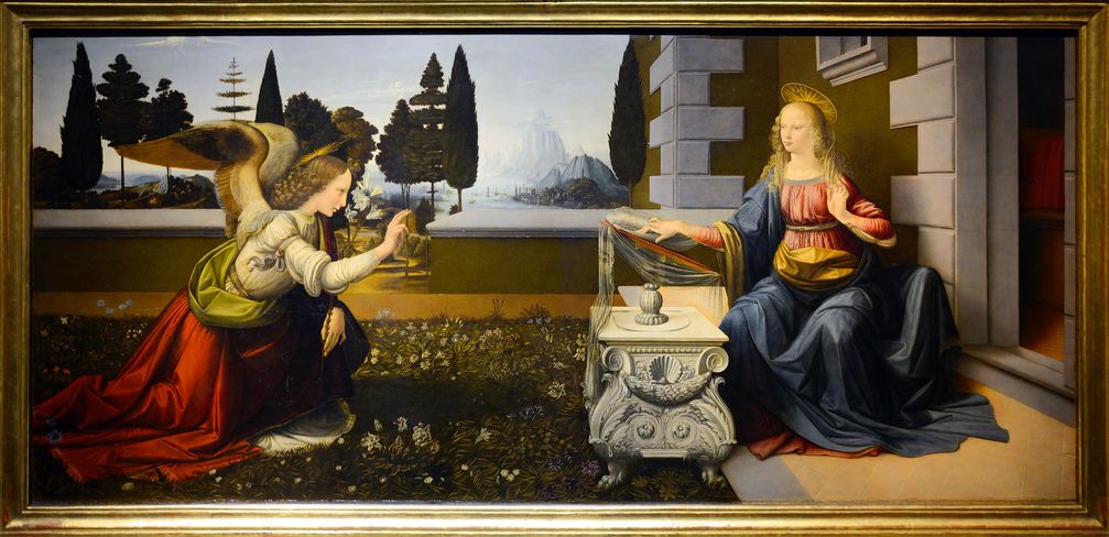 Die Verkündigung Mariae, L'Annunciazione Leonardo da Vinci und Andrea del Verrocchio, circa 1472–1475