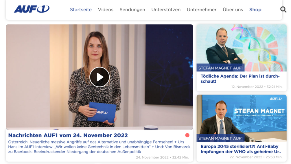 Bild: Screenshot von der Homepage des Senders "Auf1", 24. November 2022 / RT