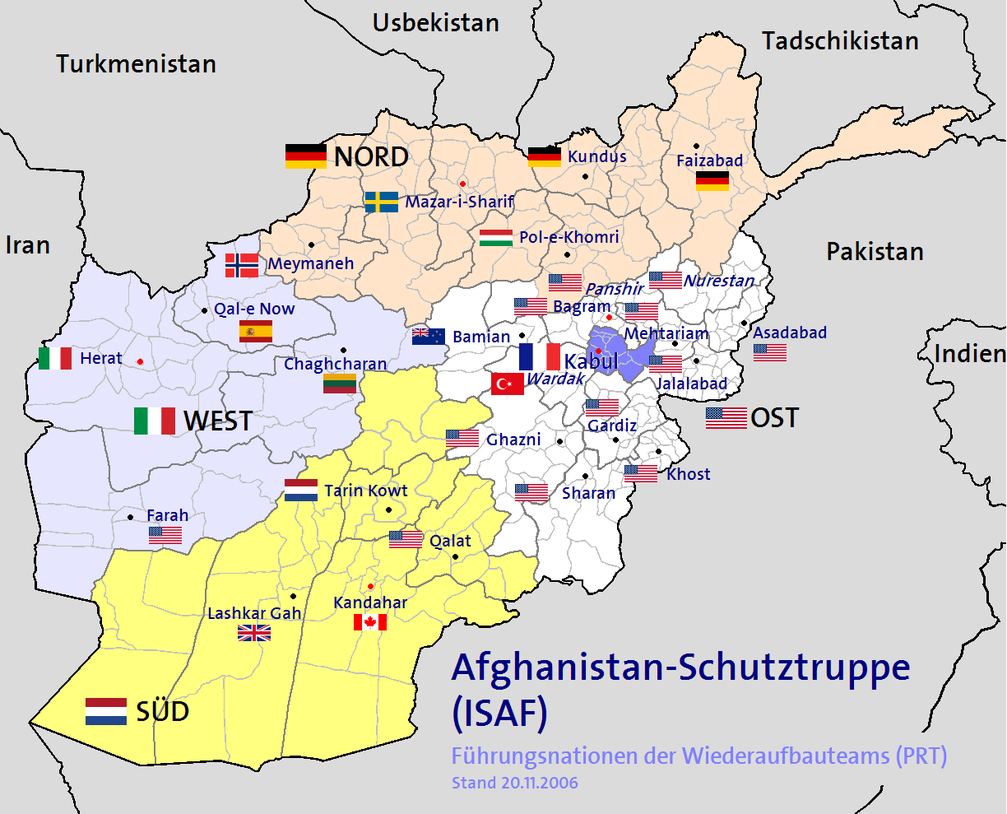 Das ISAF-Verantwortungsgebiet unter NATO-Führung mit territorialer Zuordnung der beteiligten Nationen (ohne Berücksichtigung der Operation-Enduring-Freedom-Kräfte)