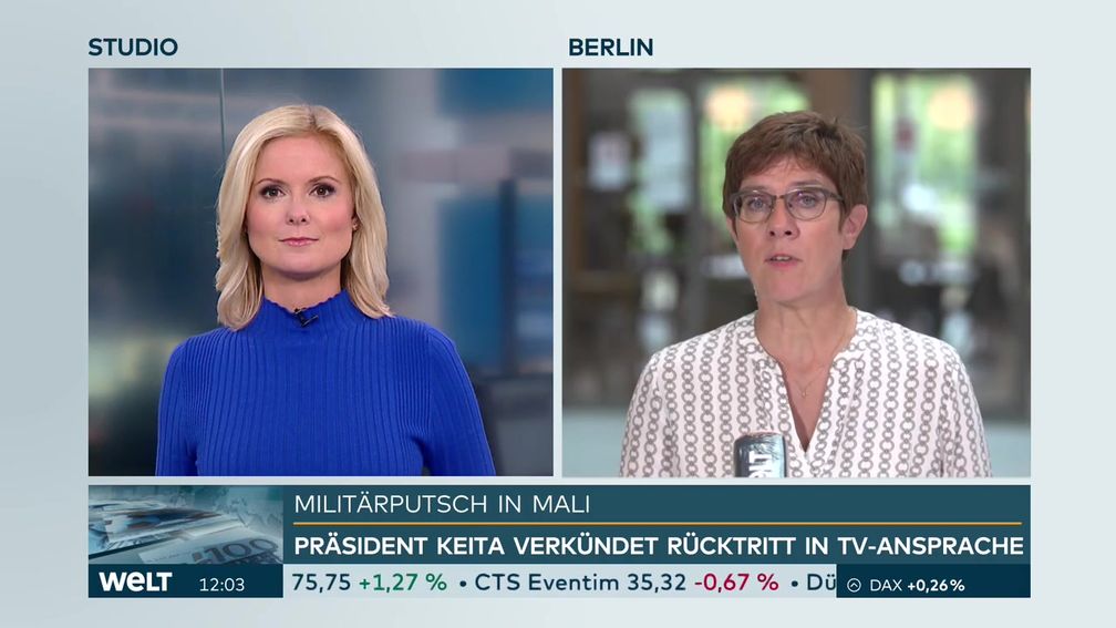 Bundesverteidigungsministerin Annegret Kramp-Karrenbauer am 19.08.2020 auf WELT im Gespräch mit Angela Knäble.  Bild: "obs/WELT/WeltN24 GmbH"