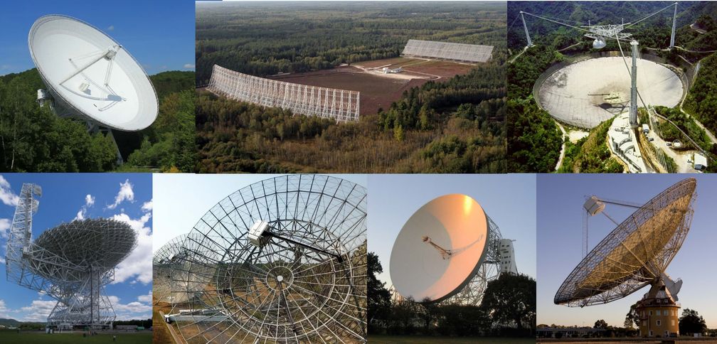 Radioteleskope im Rahmen des “International Pulsar Timing Array” (IPTA). Im Uhrzeigersinn startend von oben links: Effelsberg, Nancay, Arecibo, Parkes, Lovell-Teleskop, Westerbork und GBT.
Quelle: MPIfR, Nancay, Arecibo, Parkes, Jodrell Bank, ASTRON, Green Bank (für die Einzelbilder der Radioteleskope) (idw)