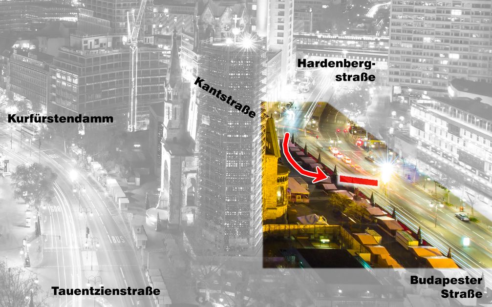 Ort des Anschlags in Berlin (Fahrtweg des Sattelzugs über den Weihnachtsmarkt und Endposition angedeutet)