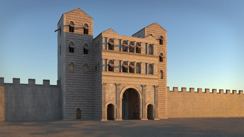 Virtuelle Rekonstruktion des Nordtors - Blick von der Stadtseite Bild: MiQua. LVR-Jüdisches Museum im Archäologischen Quartier Köln Fotograf: MiQua. LVR-Jüdisches Museum im Archäologischen Quartier Köln