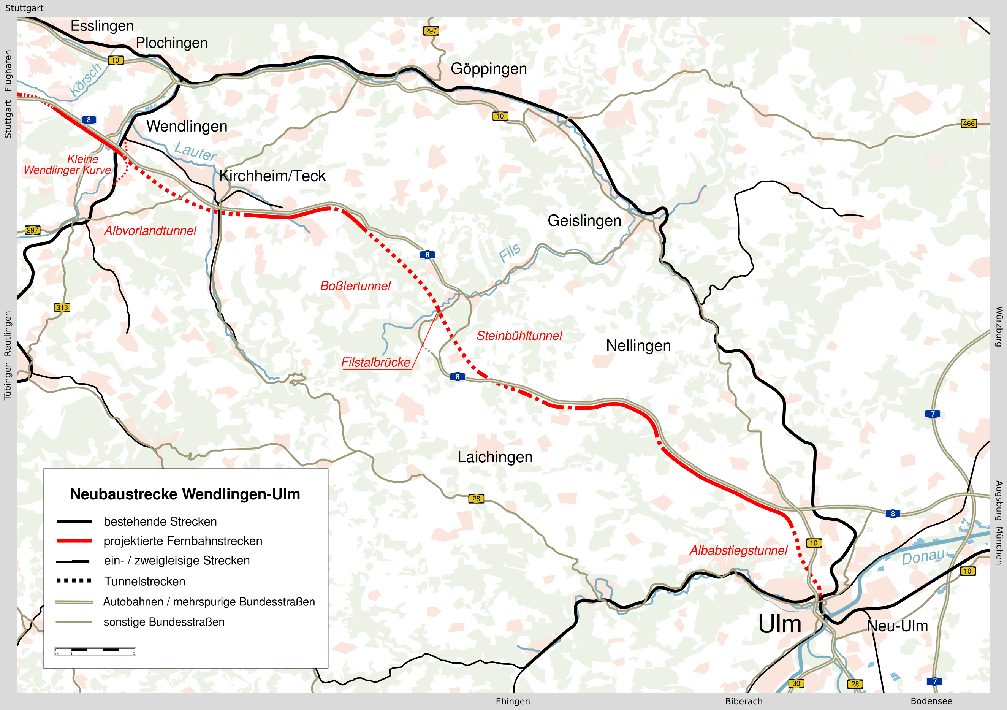 Die Neubaustrecke (NBS) Wendlingen–Ulm ist eine im Bau befindliche Eisenbahn-Neubaustrecke zwischen Wendlingen (bei Stuttgart) und Ulm für den Personenfern- und Güterverkehr. Die Schnellfahrstrecke soll der Überquerung der Schwäbischen Alb mit Geschwindigkeiten von bis zu 250 km/h[6] dienen. Sie ist neben Stuttgart 21 Teil des Bahnprojekts Stuttgart–Ulm.