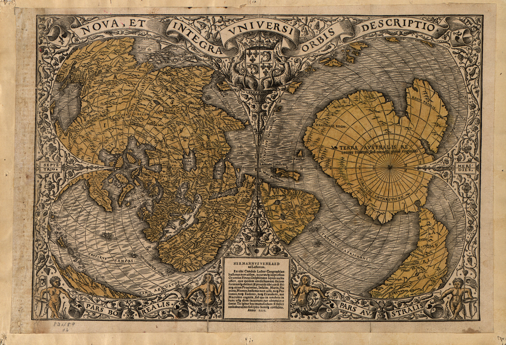 Weltkarte des Orontius Finaeus aus dem Jahr 1531, Südhemisphere mit hypothetischer Terra Australis