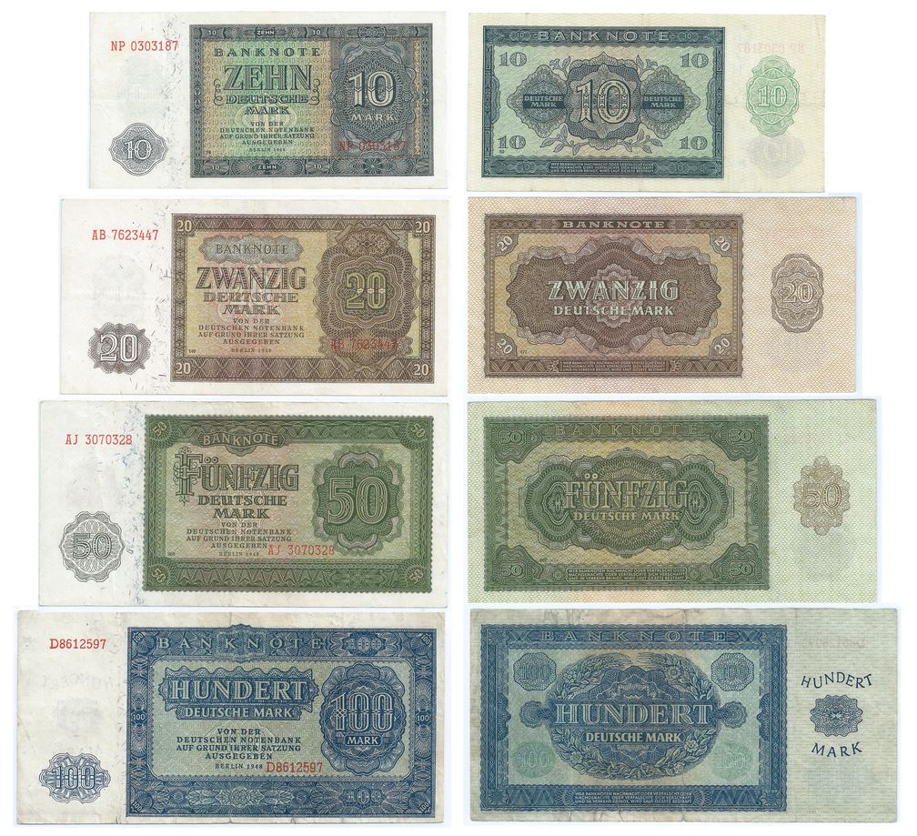 10, 20, 50 und 100 Deutsche Mark aus der ersten regulären Serie von 1948