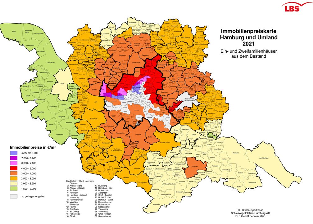 Immobilienpreiskarte Ein- und Zweifamilienhäuser Bestand Hamburg und Umland 2021 Bild: LBS Bausparkasse Schleswig-Holstein-Hamburg AG Fotograf: LBS Bausparkasse Schleswig-Holstein-Hamburg AG