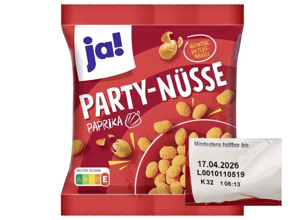 ja! Party-Nüsse Paprika" im 200-Gramm Beutel  Bild: Snäcky Knabbergebäck GmbH Fotograf: Snäcky Knabbergebäck GmbH