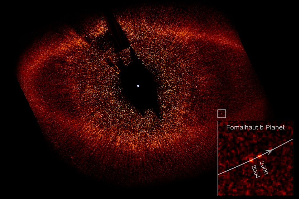 Hubble-Aufnahme von Staubscheibe und Exoplanet (s. Einblendung rechts unten) um den Stern Fomalhaut