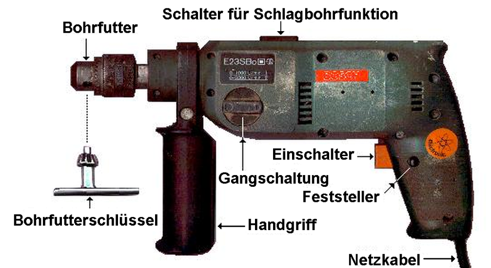 Darstellung einer elektrischen Handbohrmaschine mit zuschaltbarer Schlagbohr-Funktion (Symbolbild)