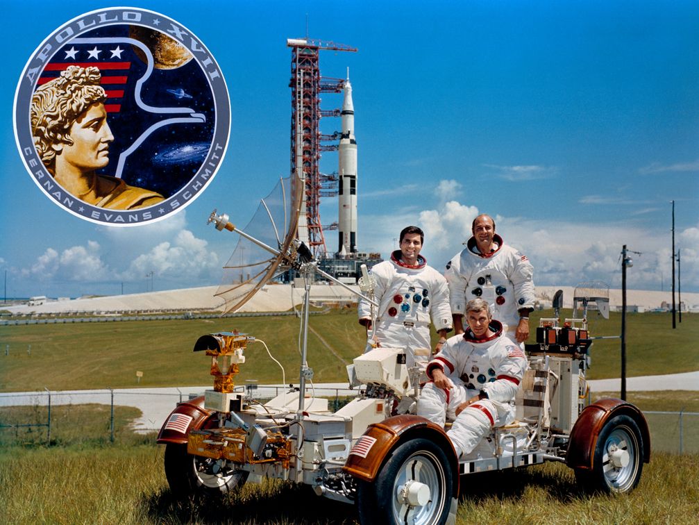 Apollo 17 – v. l. n. r. Harrison Schmitt, Eugene Cernan, Ronald Evans