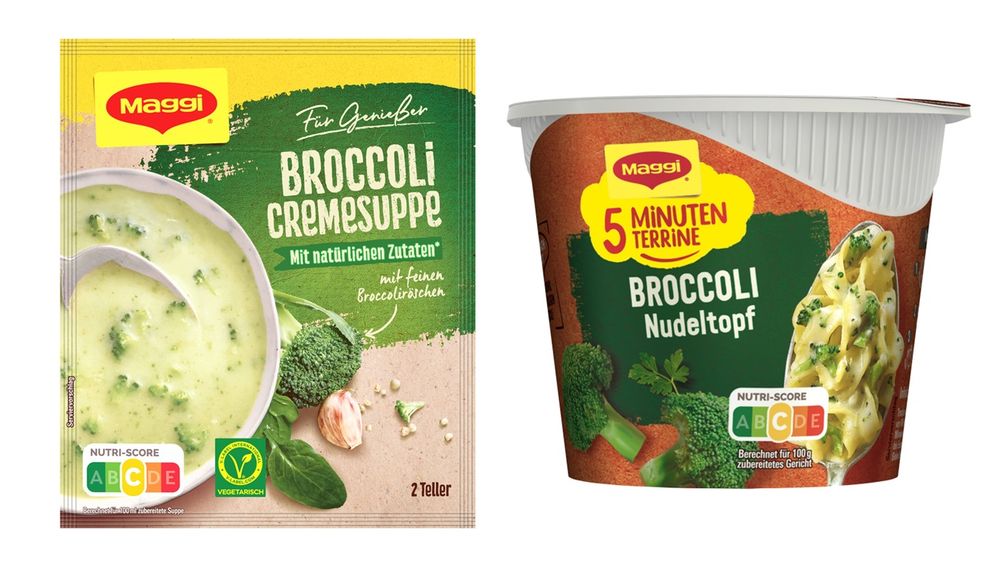 "MAGGI Für Genießer Broccoli Cremesuppe" und "MAGGI 5 Minuten Terrine Broccoli Nudeltopf" Bild: Nestlé Deutschland AG Fotograf: Nestlé Deutschland AG