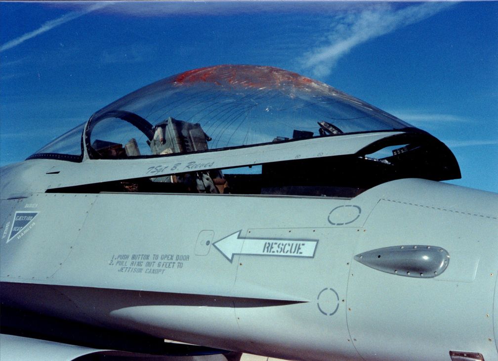 Kanzel einer F16 nach Vogelschlag
