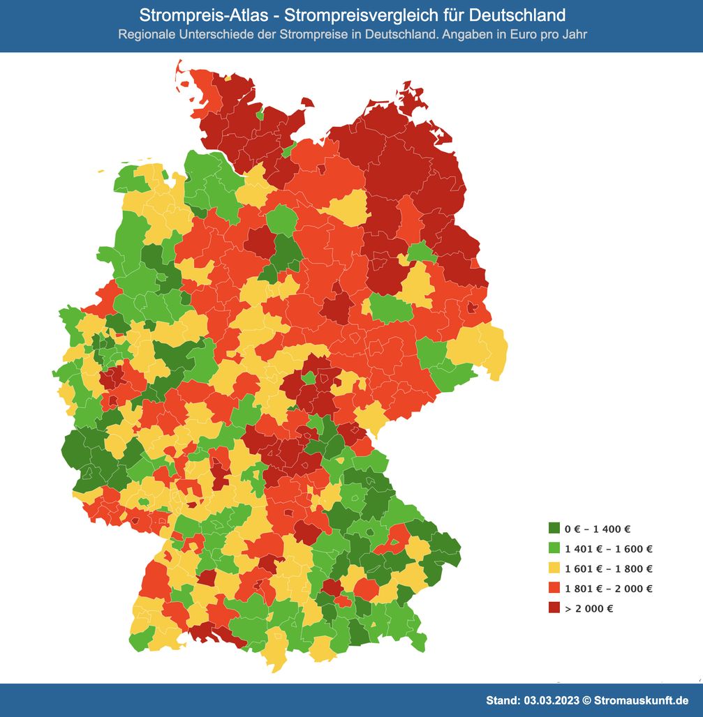 Atlas für StrompreiseStromAuskunft hat zur besseren Darstellung eine Deutschland-Karte mit den Preisunterschieden zwischen der Grundversorgung und dem günstigsten Anbieter erstellt.