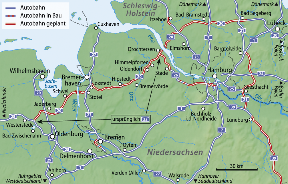 Geplanter Verlauf der A 20 durch Schleswig-Holstein und Niedersachsen