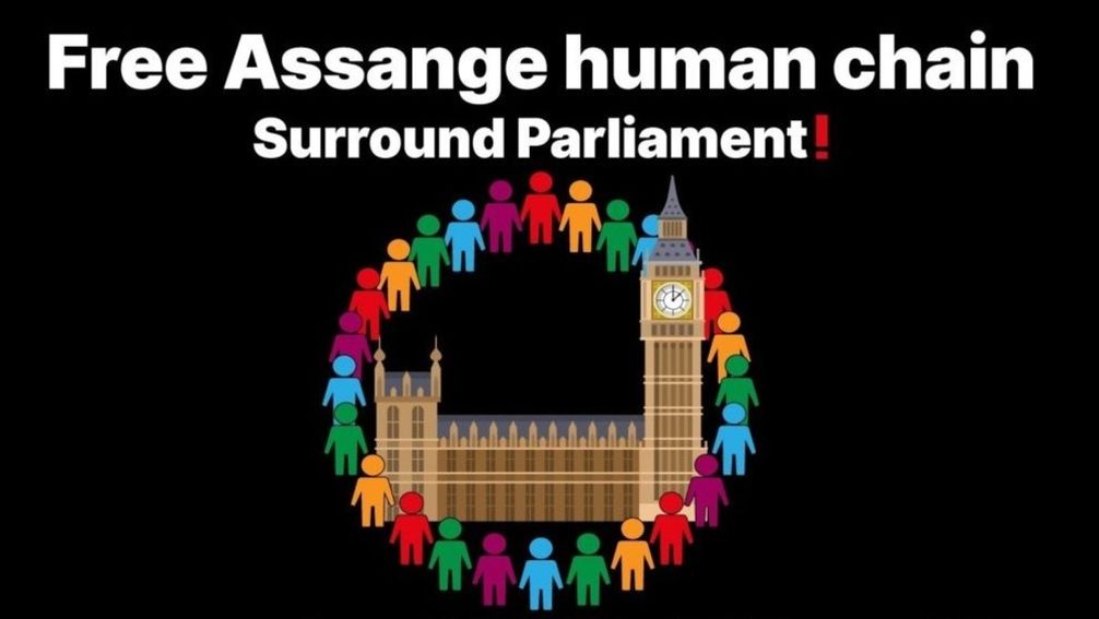 Aufruf zur "Free Assange"-Menschenkette am 8. Oktober 2022 in London. Bild: Screenshot: RedGlobe.de, 05.10.2022 / RT