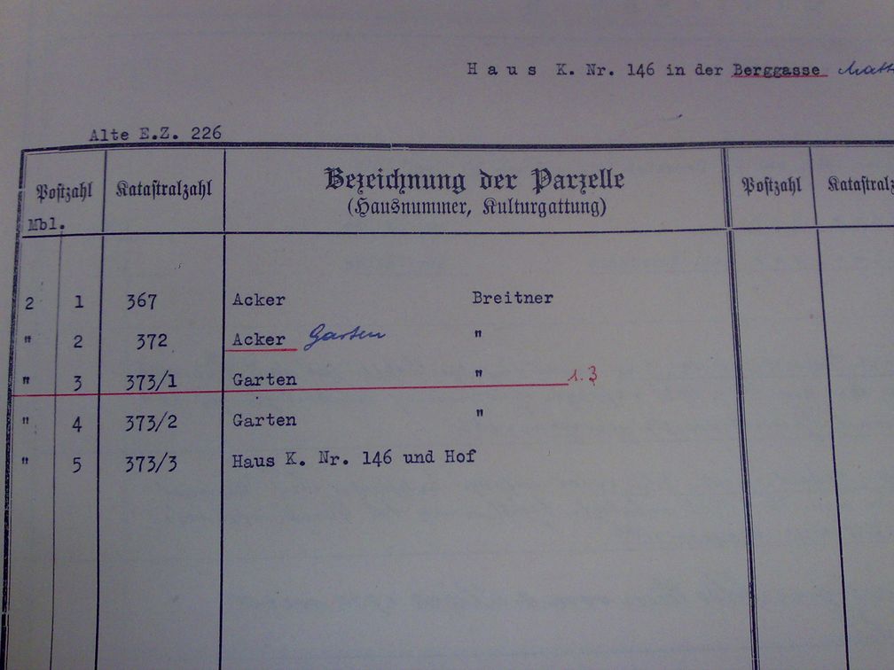Seite aus dem „herkömmlichen“ Grundbuch von Mattersburg in Papierform; gelöschte Eintragungen sind rot unterstrichen; die „Katastralzahl“ wird nun „Grundstücksnummer“, die „Parzelle“ als „Grundstück“ bezeichnet