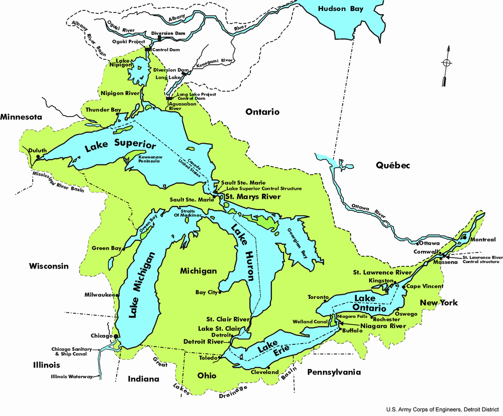 Karte der Großen Seen und deren Einzugsgebiet (grün)