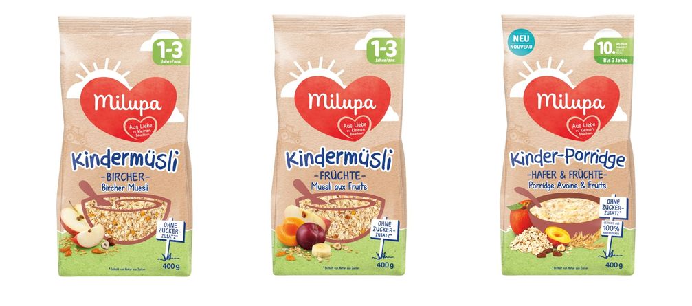 Milupa Kindermüsli Früchte / Milupa Kindermüsli Bircher / Milupa Kinder-Porridge Hafer & Früchte /  Bild: "obs/Danone DACH"