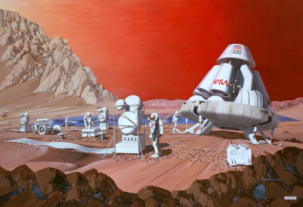 Künstlerische Sicht einer bemannten Mission zum MarsGemälde von Les Bossinas (Lewis Research Center), NASA