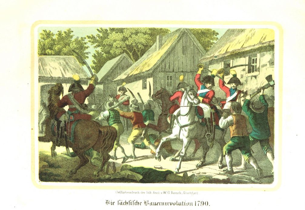 „Die sächsische Bauernrevolution 1790“ (Lithographische Anstalt von Wilhelm Gottlieb Baisch, 1853)[1]:S. 77/78 (Symbolbild)