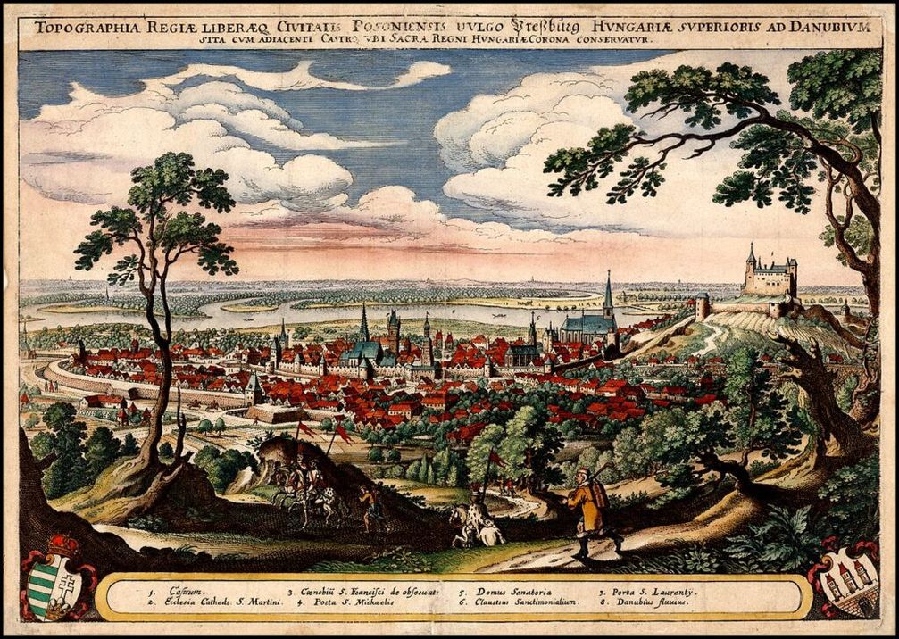 Pozsony (Preßburg, Bratislava) war die Hauptstadt des Königreichs Ungarn von 1536 bis 1848). Kupferstich von Matthäus Merian, 1638 · Bild: Ungarisches Nationalmuseum / UM / Eigenes Werk
