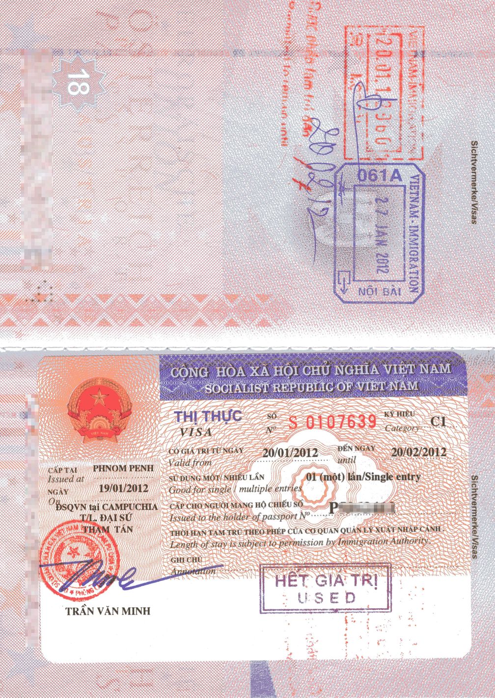 Vietnamesisches Visum, Ein- und Ausreisestempel in einem Österreichischen Pass, 2012