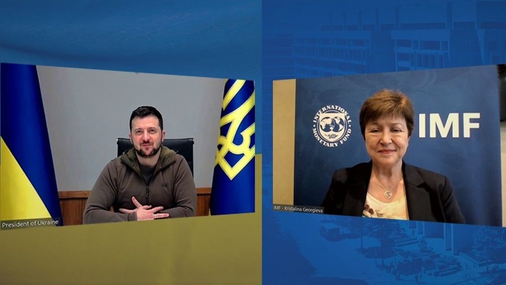 Der ukrainische Präsident Wladimir Selenskij und die Geschäftsführende Direktorin des Internationalen Währungsfonds (IWF) Kristalina Georgijewa bei einer Videokonferenz am 16. Mai 2022 Bild: Screenshot: Twitter @KGeorgieva