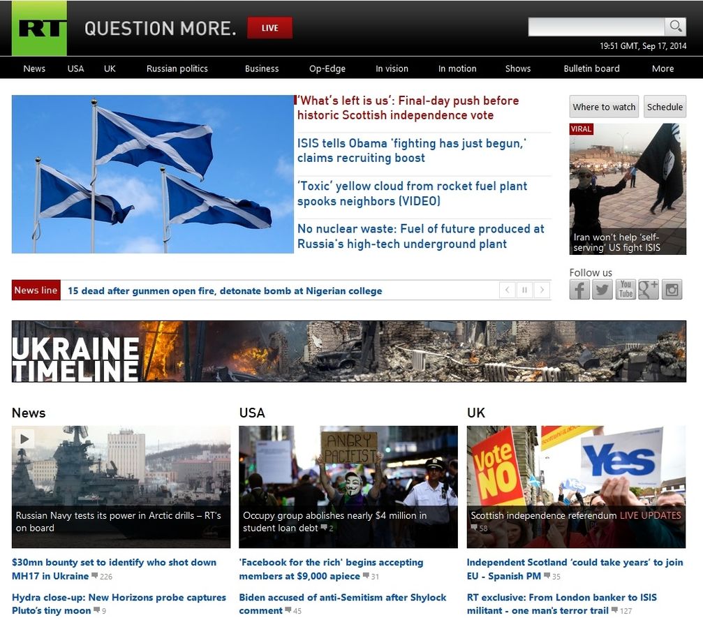 Screenshot der Webseite von Russia Today