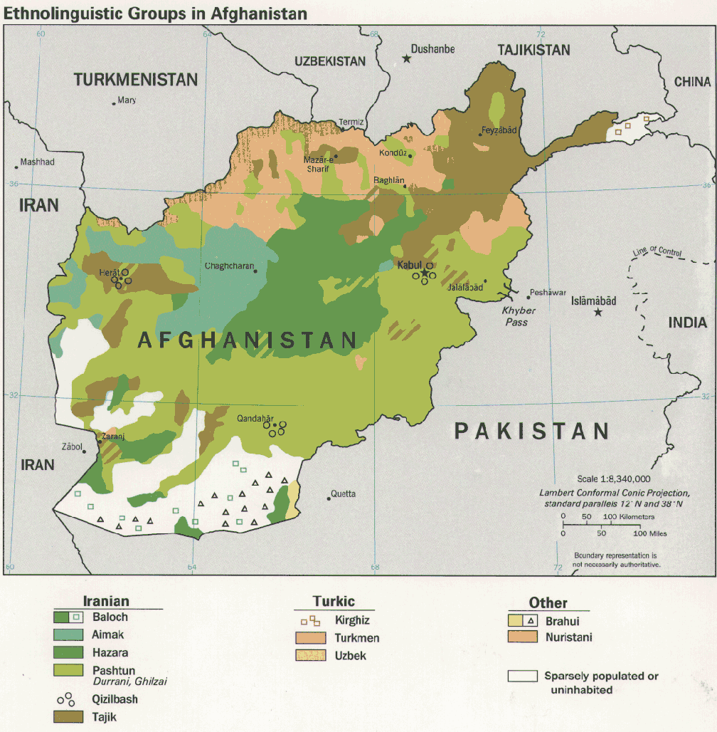Vereinfachte Darstellung der Siedlungsgebiete der größten ethnischen Gruppen Afghanistans